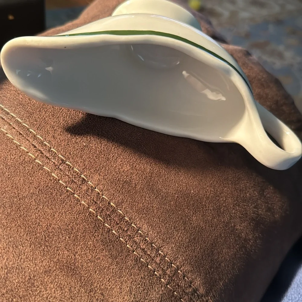Elegant White Gravy Boat with Green Trim